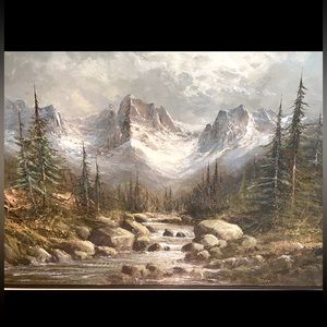 Huge Vintage landscape oil painting by Gunter Seekatz 1928. Snowy mountain river